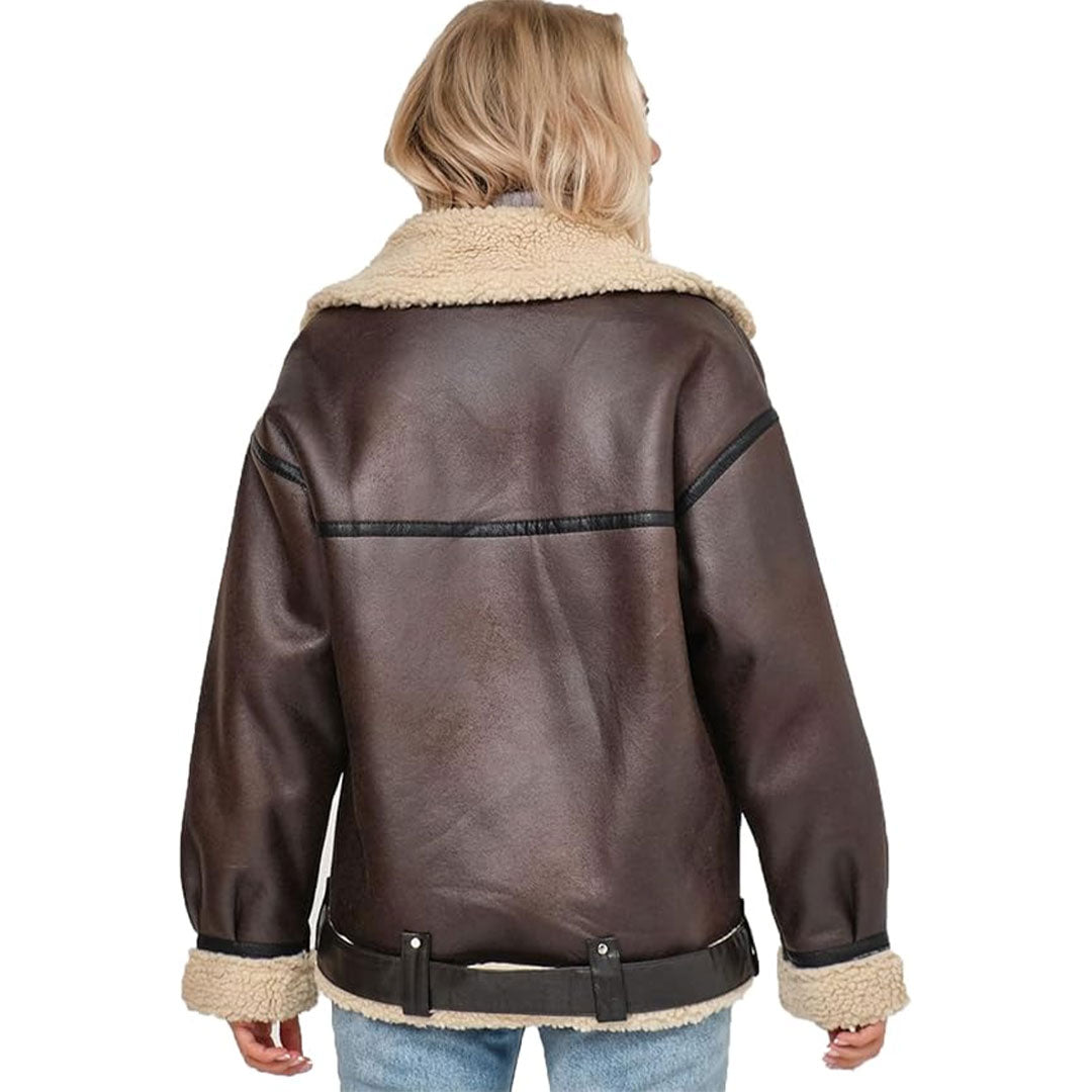 Women's Asymmetrical Sherpa Fur Real Leather Jacket