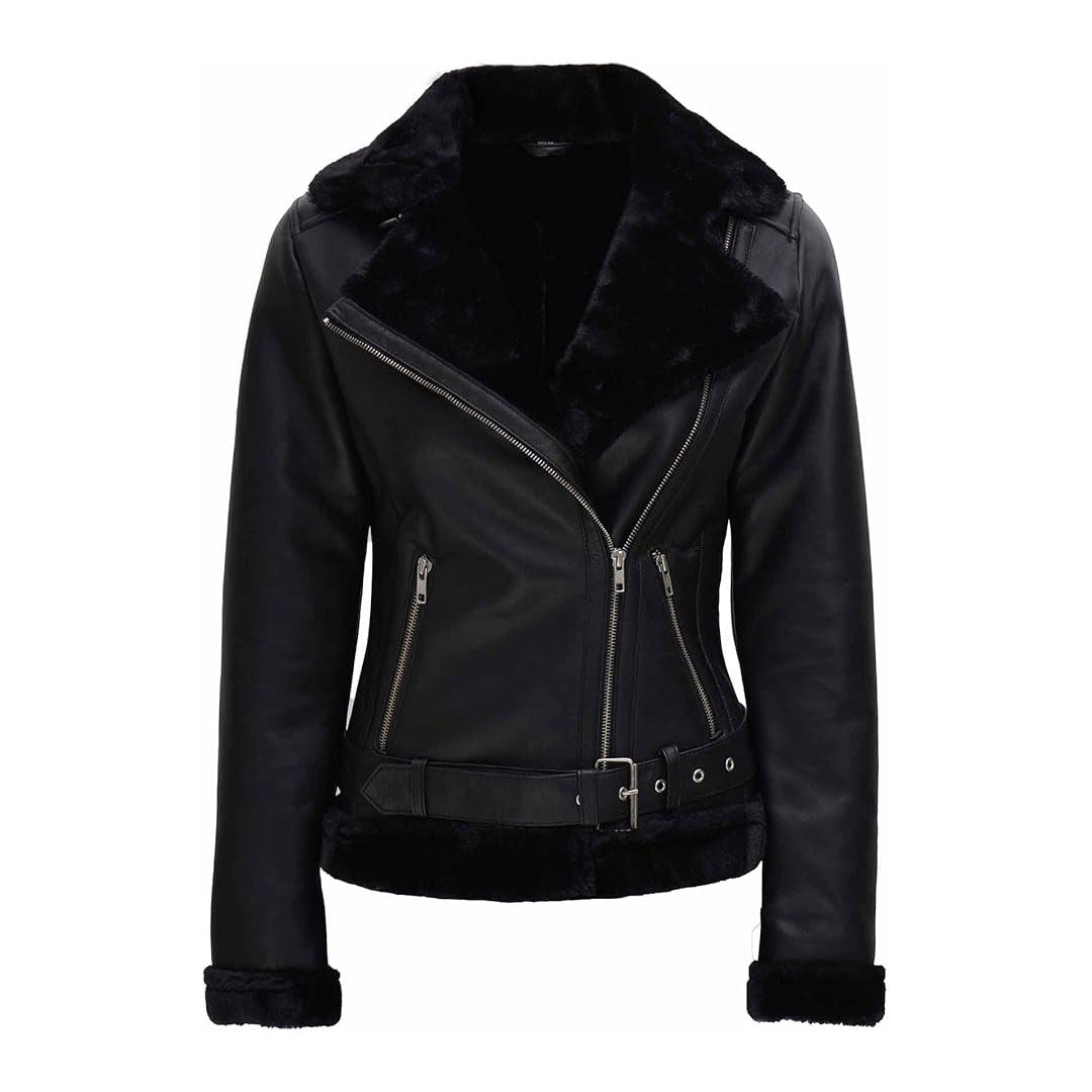 Women's Black Shearling Fur Leather Jacket