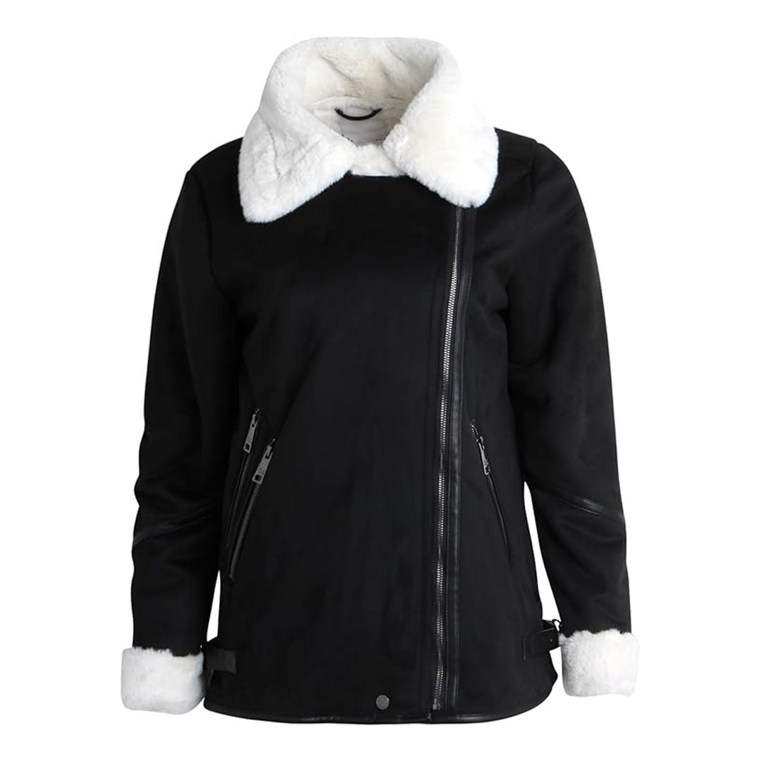 Women's Moto Biker Shearling Suede Leather Jacket