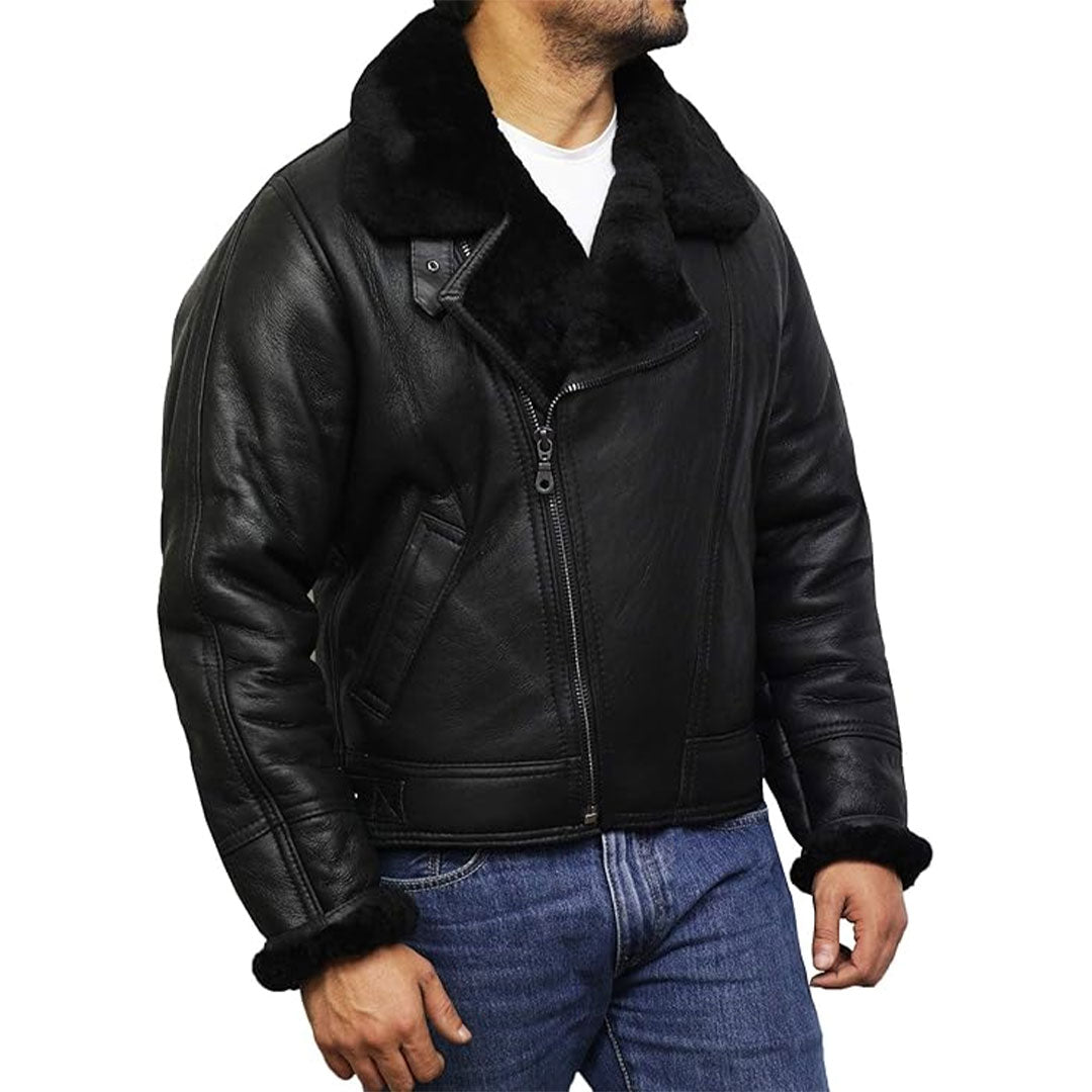 Men's Asymmetrical Aviator Original Leather Fur Jacket