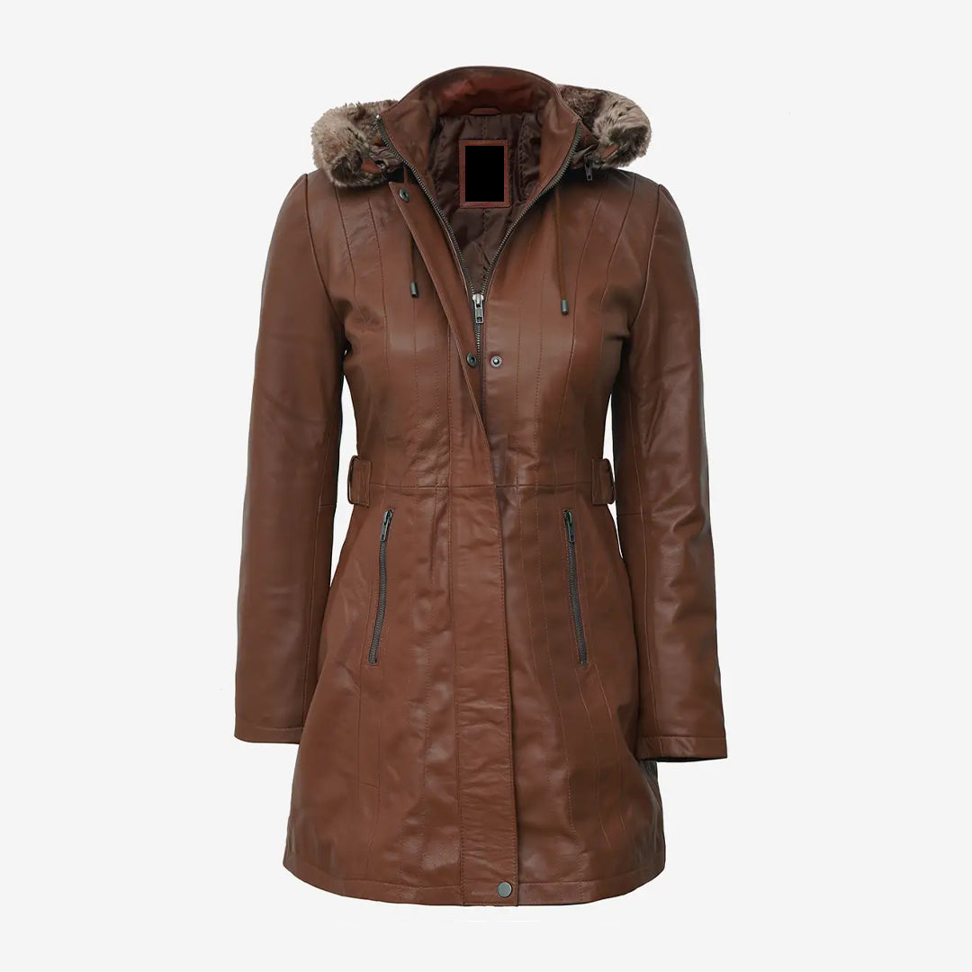 Women's Brown Leather Coat With Fur Hood